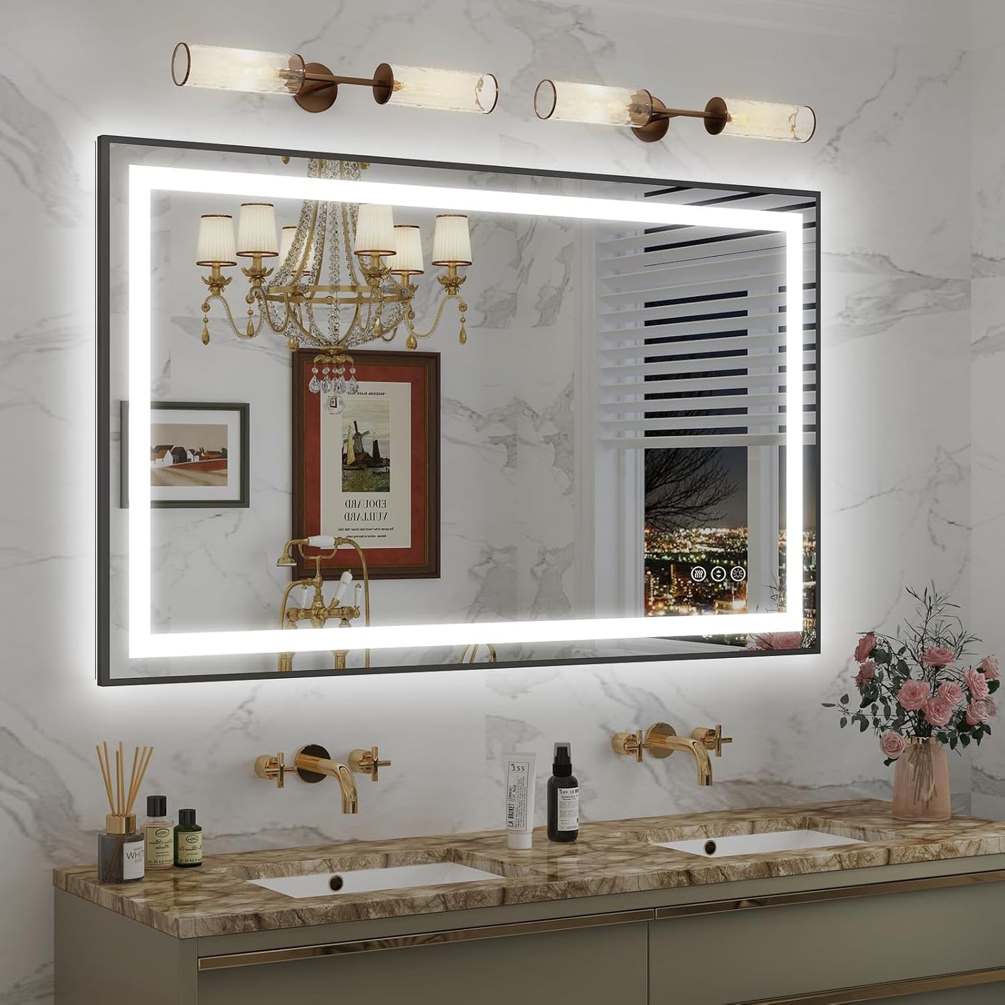 OKPAL LED Bathroom Mirror with Lights, 48x32 Black Frame LED Vanity Mirror, Lighted Mirrors for Bathroom Wall, Front and Backlit, Dimmable, Anti-Fog, 3 Colors, Shatterproof, ETL Listed