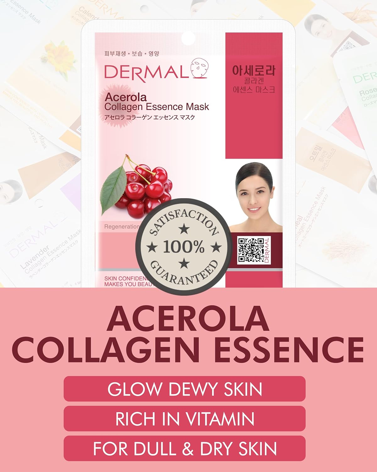 DERMAL Acerola Collagen Essence Facial Mask Sheet 23g Pack of 10 - Skin Clearing, Reduces Blemishes, Elasticity Care, Daily Skin Treatment Solution Sheet Mask