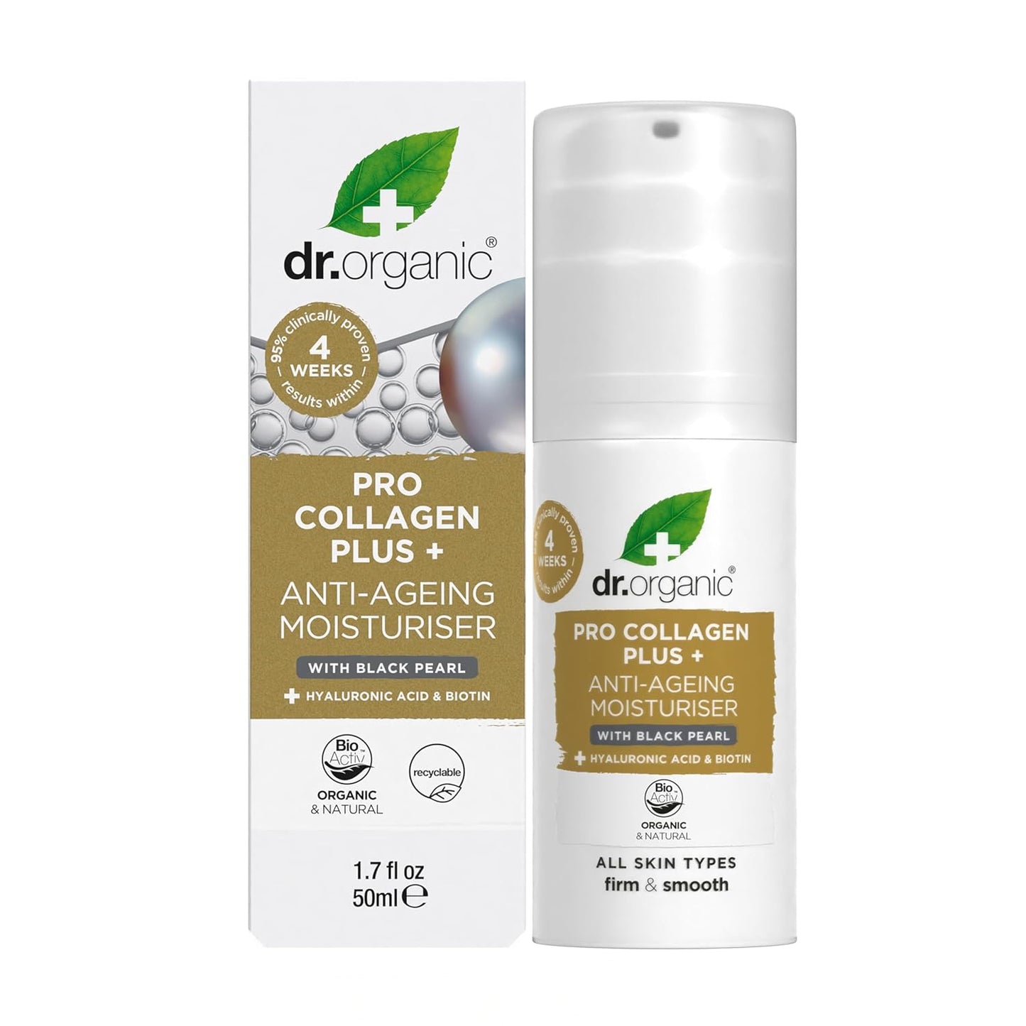 Dr. Organic Pro Collagen Plus + Anti-Ageing Moisturiser with Black Pearl | Firm & Smooth Skin, Reduces Wrinkles, (All Skin Types) Natural, Certified Organic, Paraben & SLS-Free, 50 mL / 1.7 fl oz