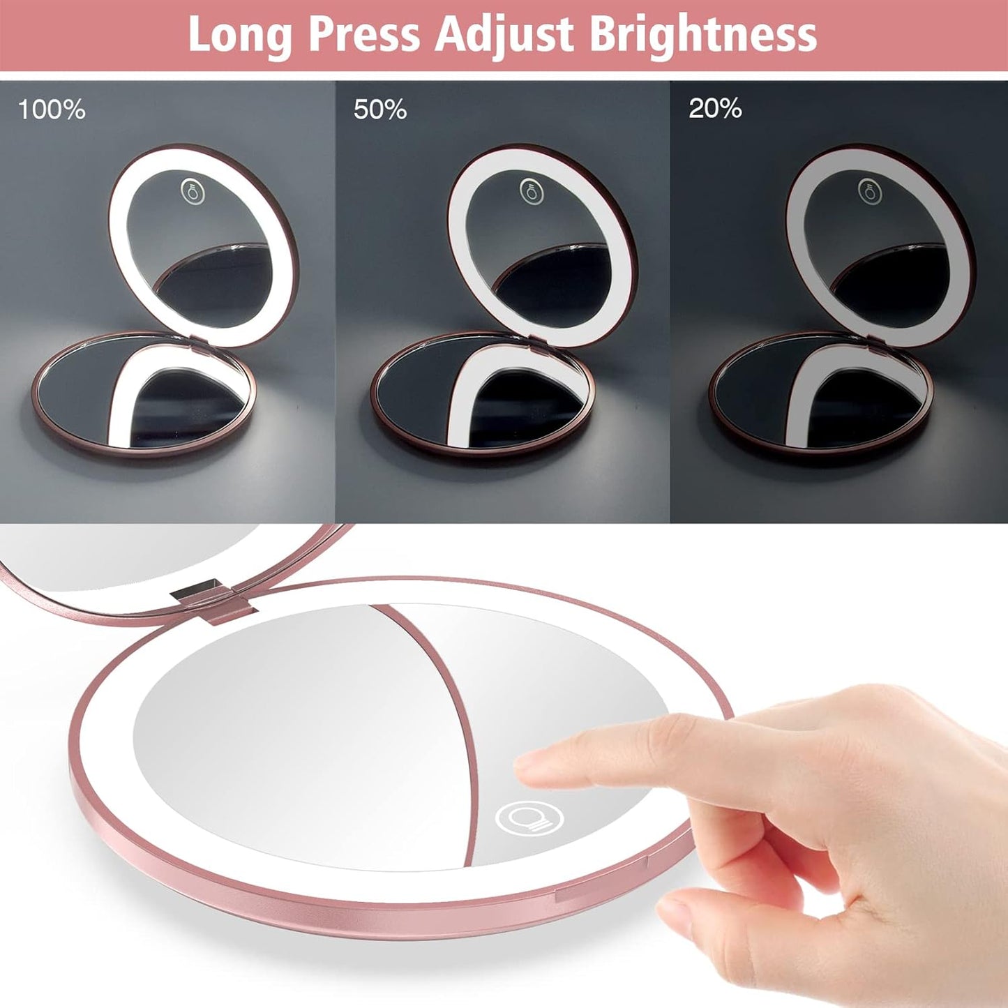 wobsion 10X Magnifying Tabletop Mirror, Touch Dimmable, 3 Color Temperature Adjustment, Auto Light Off, Rechargeable, Compact 4 inch x 0.8 inch