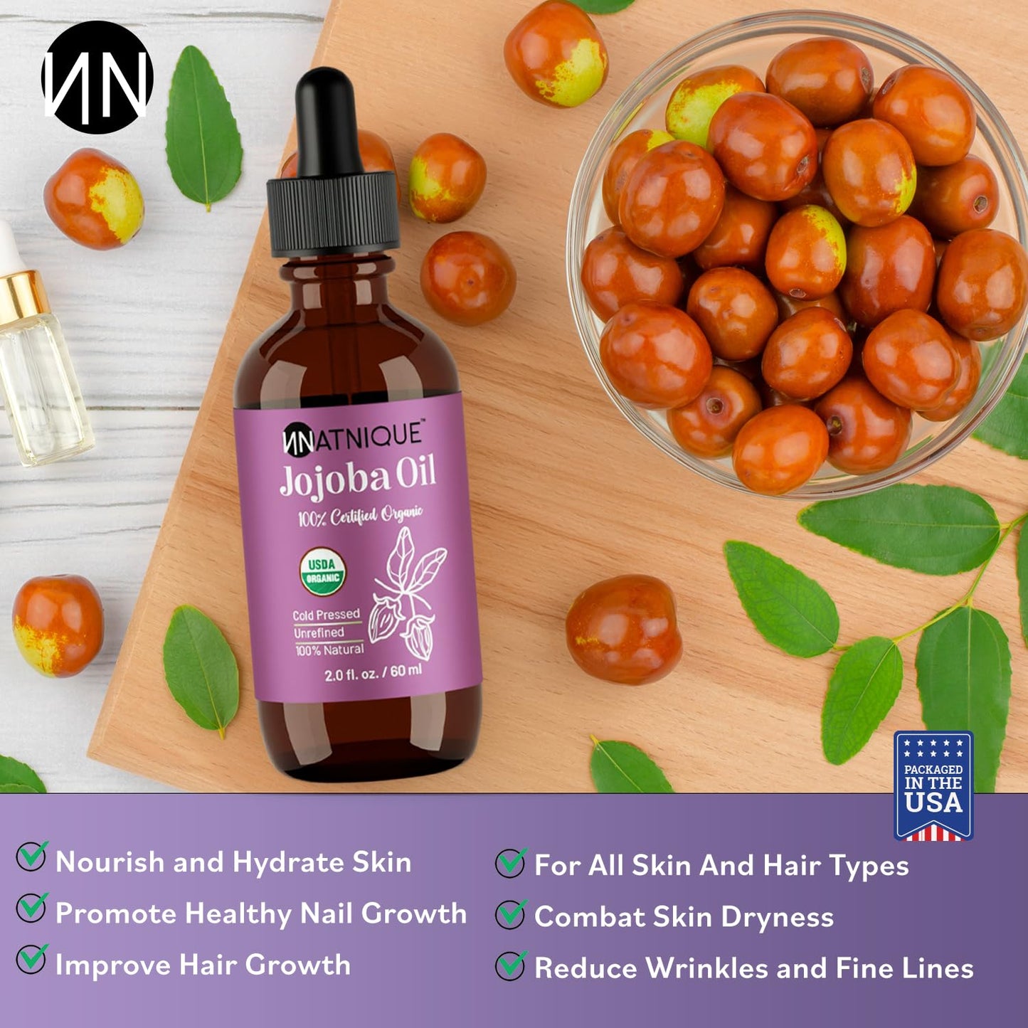 Organic Jojoba 2oz – USDA Certified, Cold Pressed, Unrefined & Hexane-Free – Pure Moisturizer for Hair Growth, Face, Skin, Beard, Scalp, Nails & Cuticles – Natural Facial, Body & Massage Care