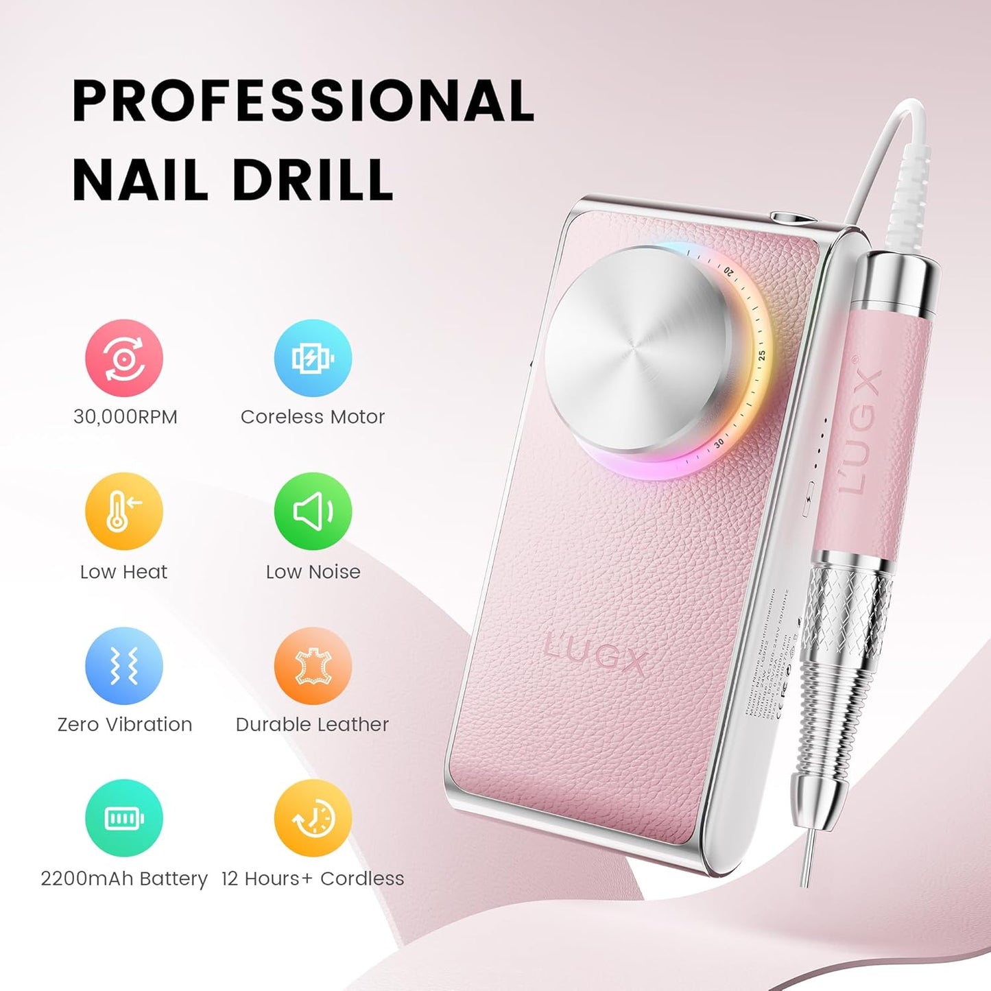 L'UGX Professional Nail Drill 30000RPM, Cordless Rechargeable Electric Nail File for Acrylic Nails Gel Polishing, Efile Nail Kit for Manicure Pedicure, Low Noise Low Vibration, 7Pcs Drill Bits, Pink