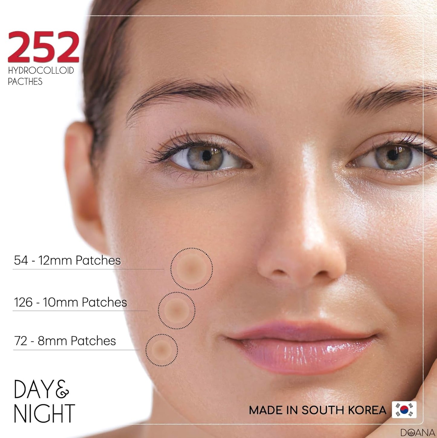 Korean Pimple Patches - 252 Count / Hydrocolloid Spot Stickers in 3 Sizes for Skin Imperfections. Covers Blemishes and Spots for Improved Appearance. Facial and Body Stickers, Day and Night Use