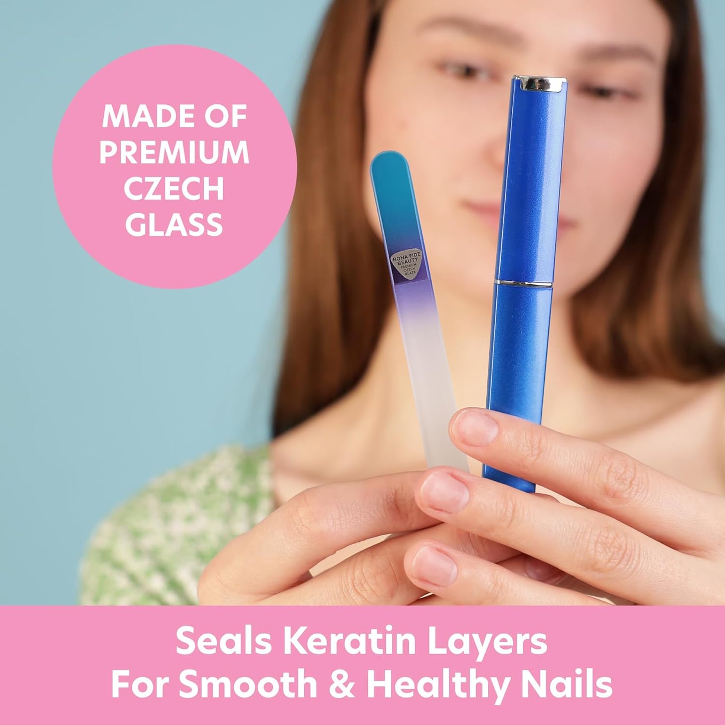 Bona Fide Beauty Glass Nail File with Case, Aqua Cobalt Czech Glass Fingernail Files Handcrafted from The EU. Ideal Nail Care Tool for Natural Nails.