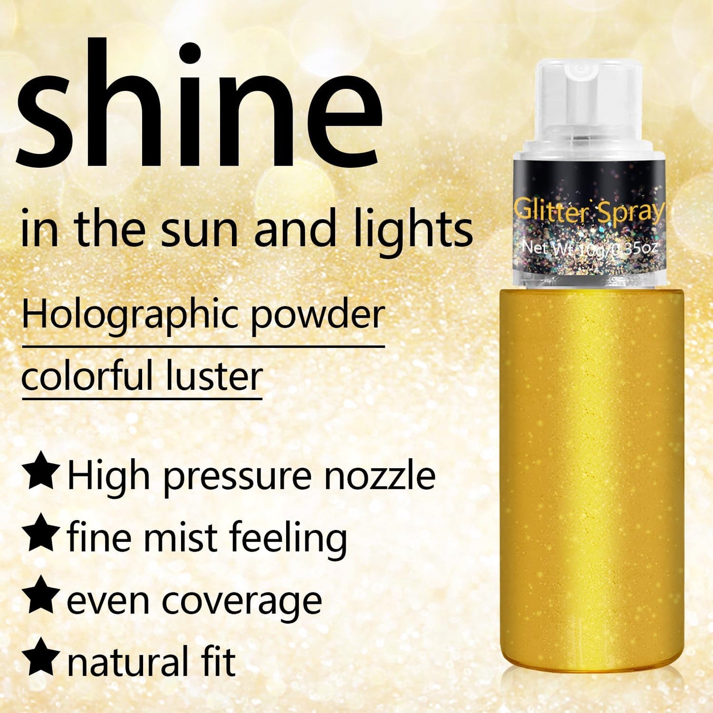 Hair and Body Glitter Spray, Holographic Glitter Highlighter Powder, Face Body Clothes Shiny Glitter, Loose Shimmer Hairspray Festival Rave Prom Accessories, 10g (01# Gold)