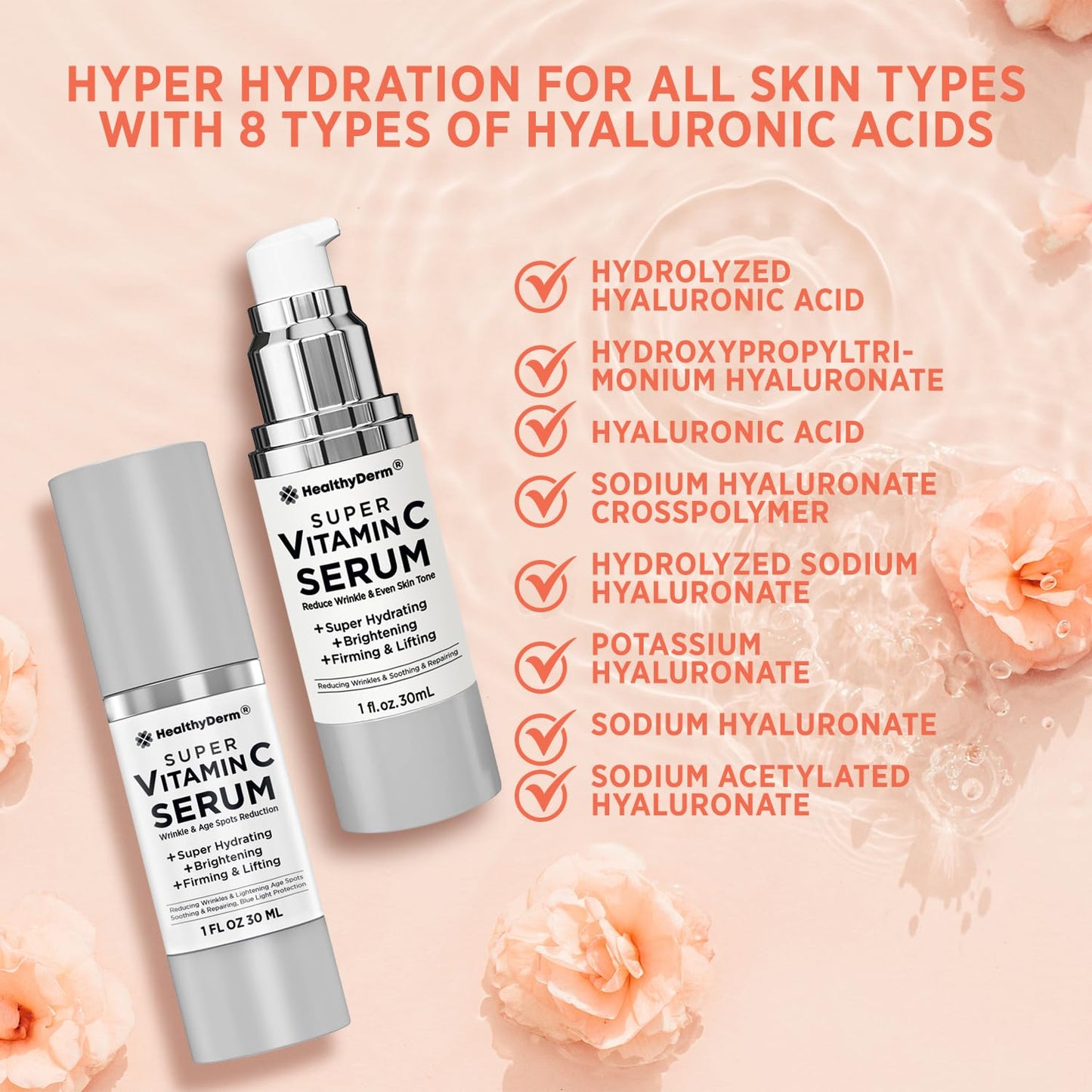 Super Vitamin C Serum for Women Over 70: Niacinamide, Vitamin C, Hyaluronic Acid, Peptides, Vitamin E, Caffeine, Bakuchiol, Hydrating, Lifting, Wrinkle & Age Spots Reduction Pack of 2