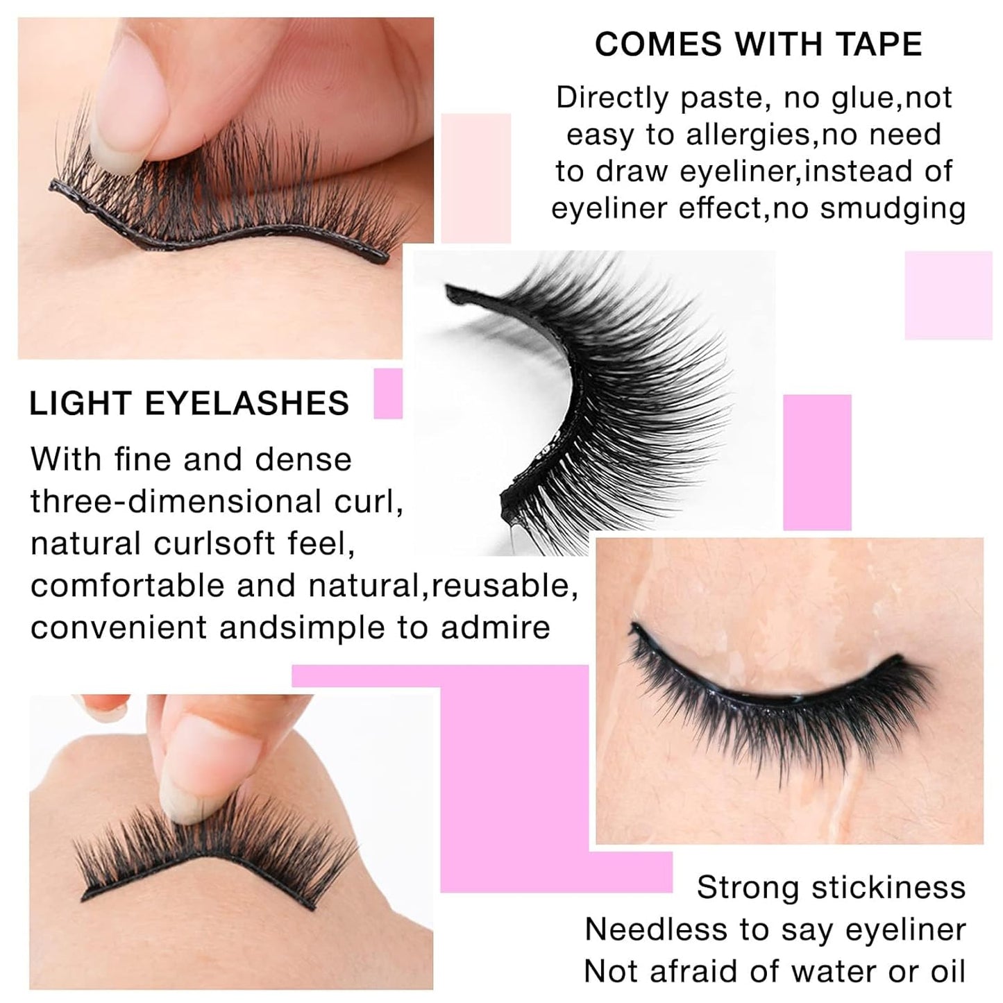 Self Adhesive Eyelashes Natural Look False Eyelashes Reusable Self Stick Lashes, No Glue Needed, 5 Pairs Long