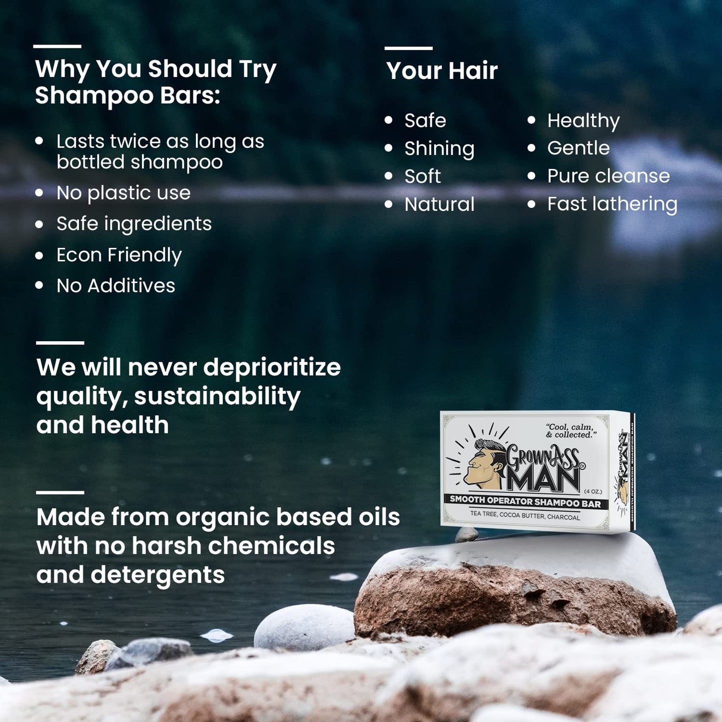 Solid Shampoo Bar Rich Lather 3 in 1: Hair, Beard & Body Wash - Plastic Free & Eco-Friendly, Natural & Organic Clean for All Hair Types, 4oz Bar (Smooth Operator, Single)