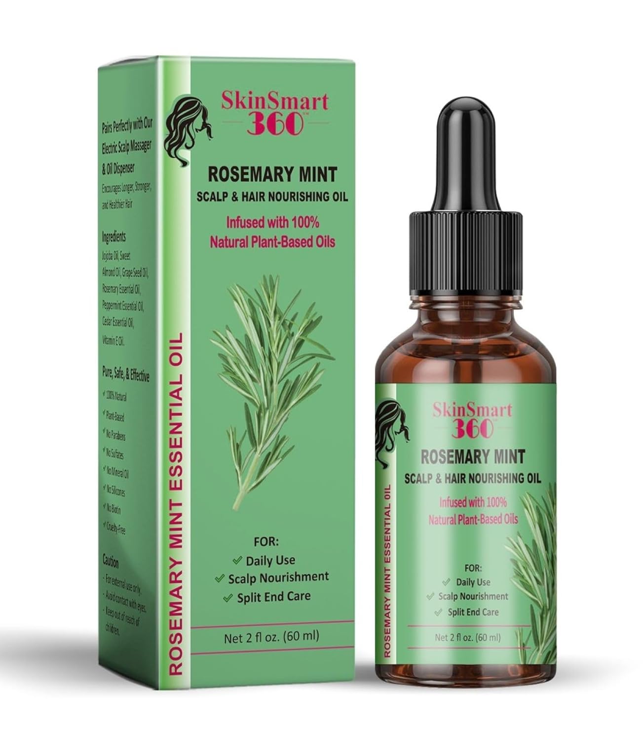 SkinSmart 360® Rosemary Mint Hair Growth Oil & Scalp Care – 100% Natural, Plant-Based, Non-Greasy Formula for Hair, Eyebrows & Lashes – 60ml, Pack of 1
