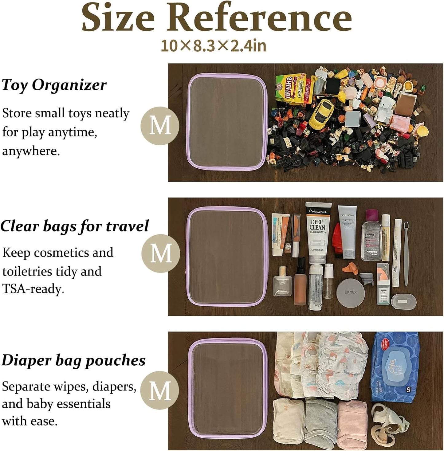 4 pcs Clear Zipper Pouches,Hard Shell Zipper Case, Toiletry Bag for Travel, CLear Diaper Bag, Toiletry Pouch, Travel Organizer, Clear Cosmetic Bag,Toy Storage Bins (M+3S) (Lavender)