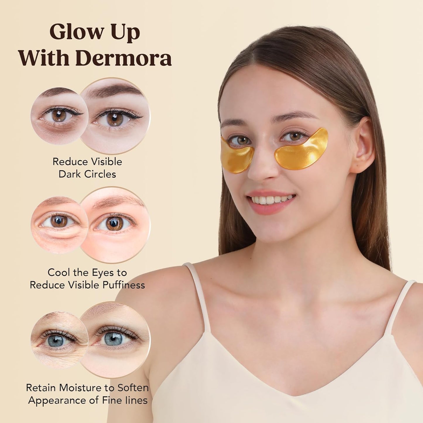 DERMORA Golden Glow Under Eye Patches | Rejuvenating Treatment | Dark Circles, Puffy Eyes, Refreshing, Revitalizing, Travel, Wrinkles | 20 Pairs Eye Gels