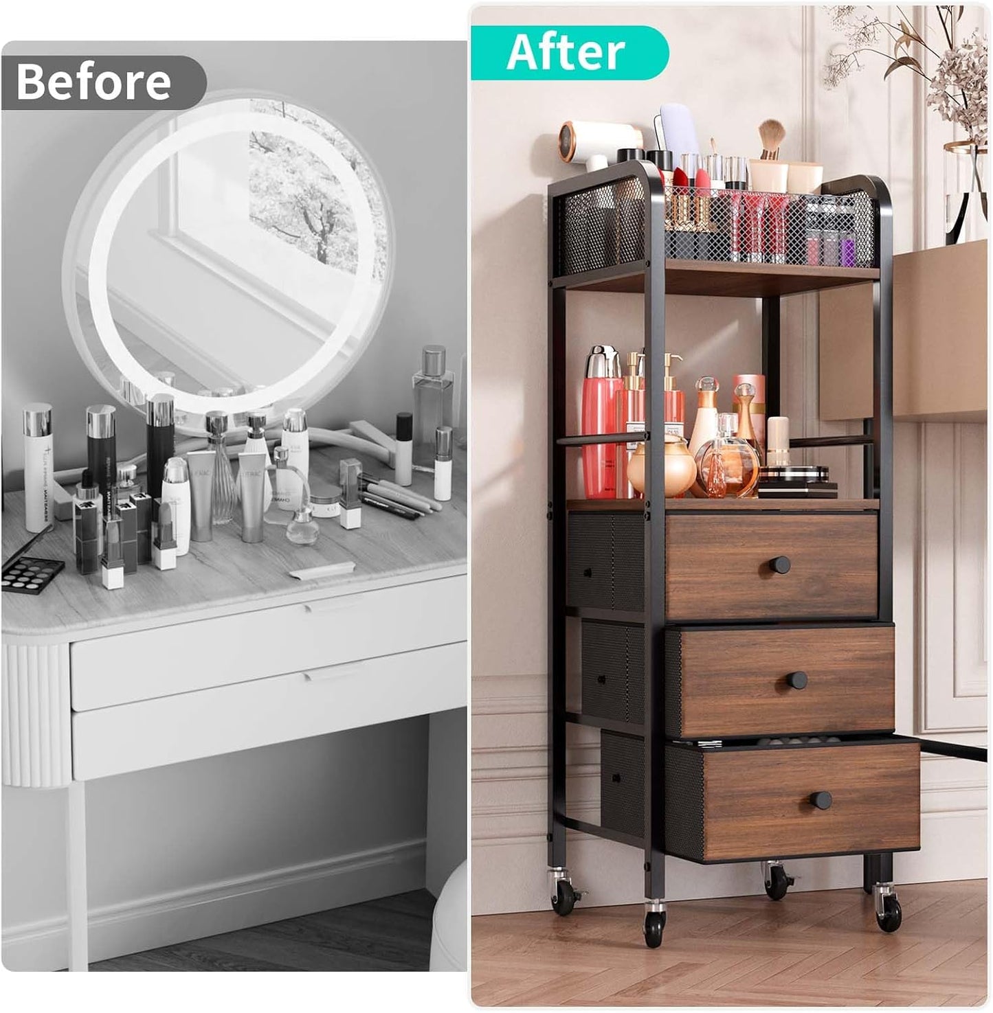 HapiRm Rolling Makeup Cart Organizer - Floor Skincare Make Up Storage with 3 Drawers, Vanity Organizer Cosmetic Display Cases Holder for Skin Care Perfume Nail Polish Brush Hair Tool