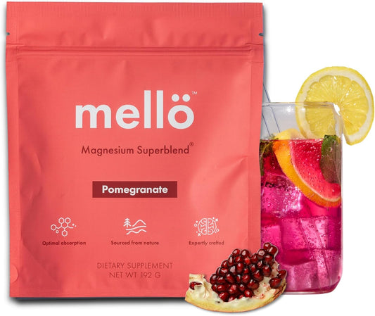 mellö Magnesium Supplement Superblend Powder - Magnesium Glycinate with L-Theanine, GABA, and 70 Trace Minerals - Supports Sleep, Relaxation, Balanced Energy - Pomegranate Flavor, 30 Servings