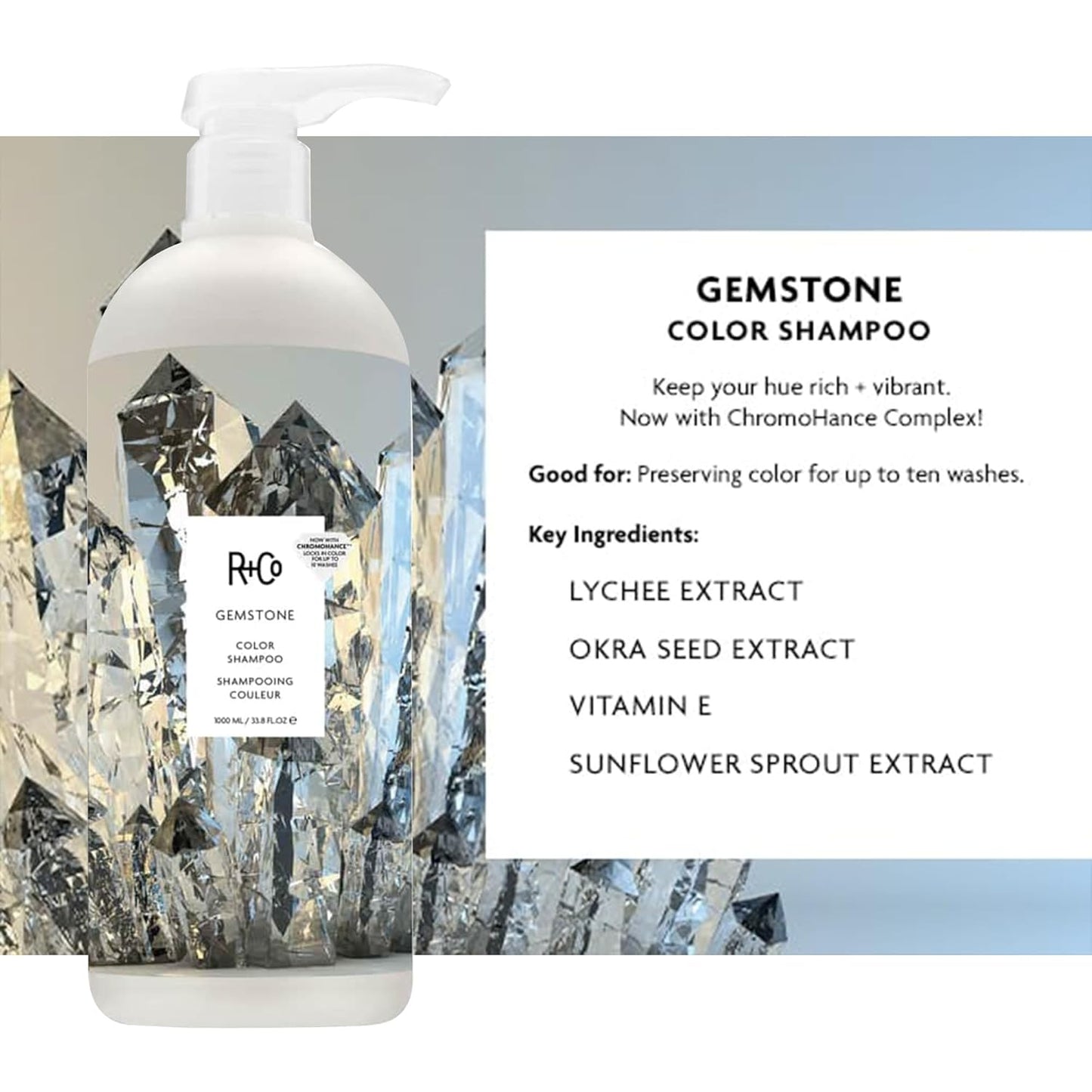 R+Co Gemstone Color Hair Shampoo and Conditioner Set for Color Treated Hair | Body + Shine + Smoothing for All Hair Types | Vegan + Cruelty-Free | 1 Liter, Pack of 2