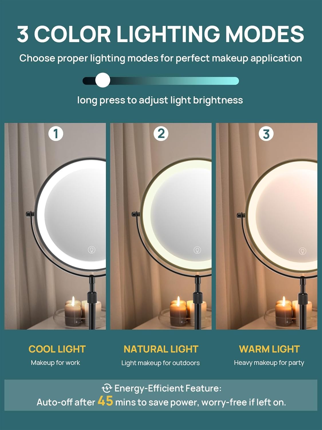 OMIRO 1X/10X Makeup Mirror with Lights,8.5 Inches Double Sided Vanity Mirror with Height-Adjustable Stand,Magnifying Mirror with 3 Color Light (Black)