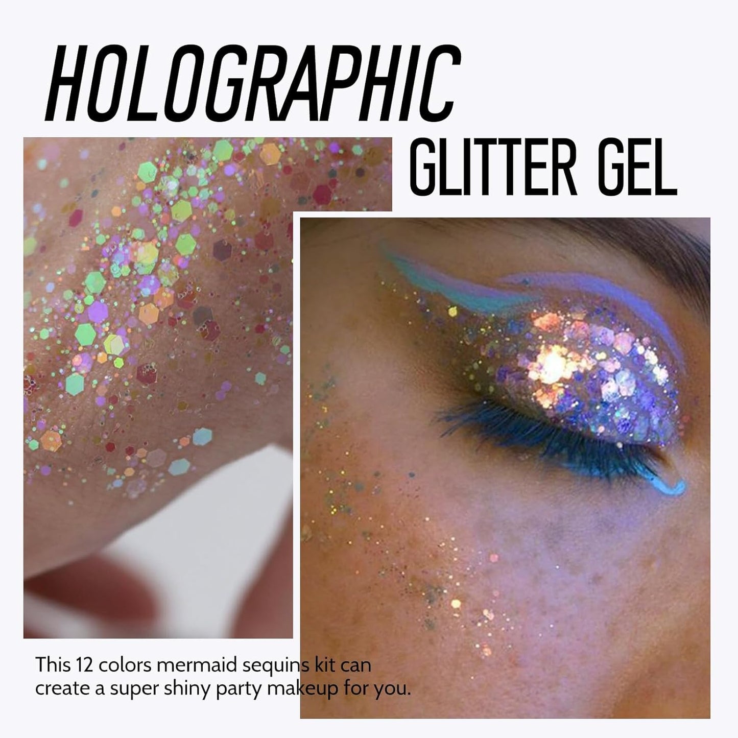 Ownest 12 Colors Holographic Chunky Glitter Gel Set, Christmas Party Makeup Face Body Eye Lips Hair Nail Cosmetic Festival Chunky Glitter Eyeshadow, Mixable, No Need Glue(B)