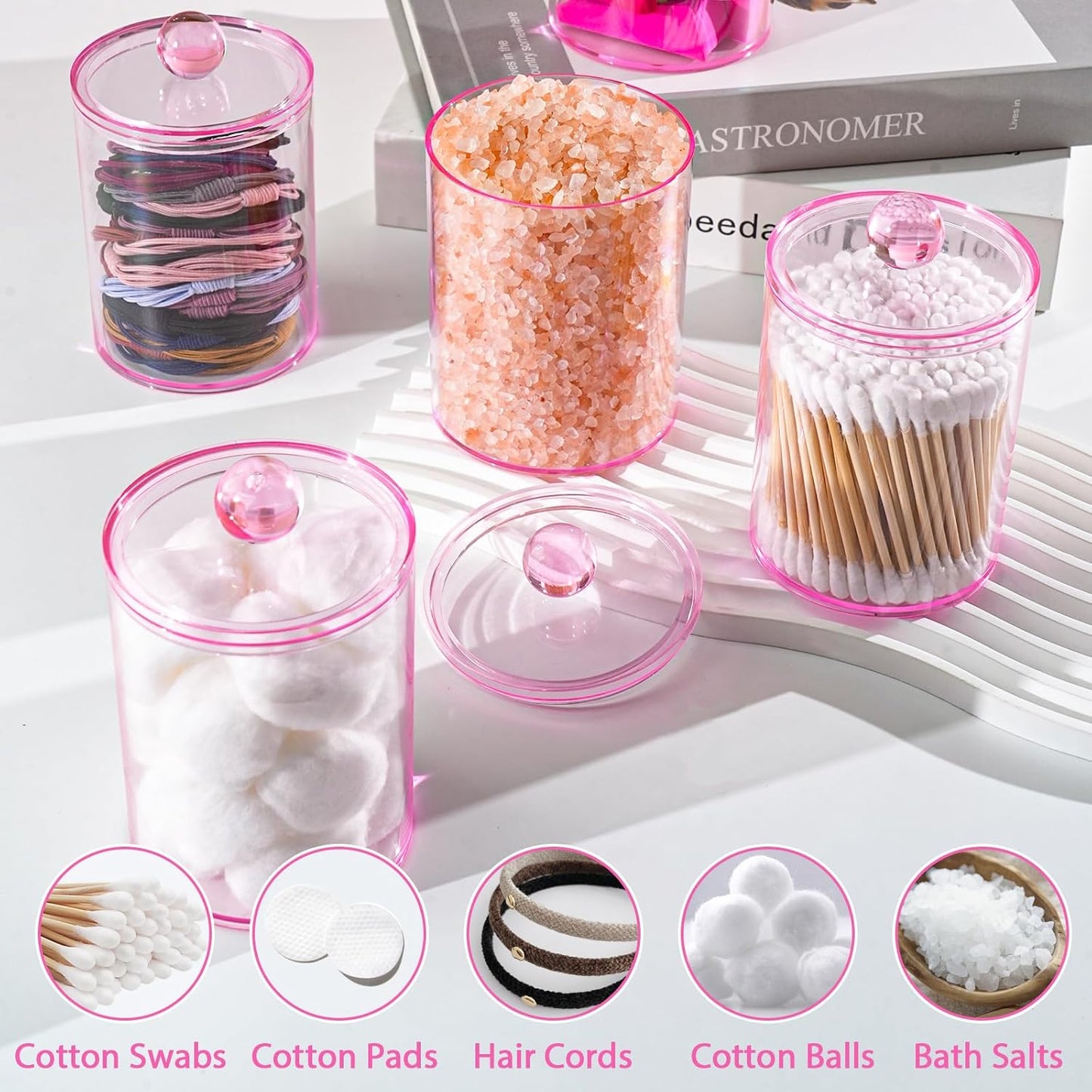 4 Pack Qtip Holder,Canister Apothecary Jar Set, Bathroom Jars with Lids Set for Cotton Swabs, Balls, Pads, Floss Picks,10oz-12oz Plastic Canisters Restroom Bedroom Vanity Organizer(Pink)