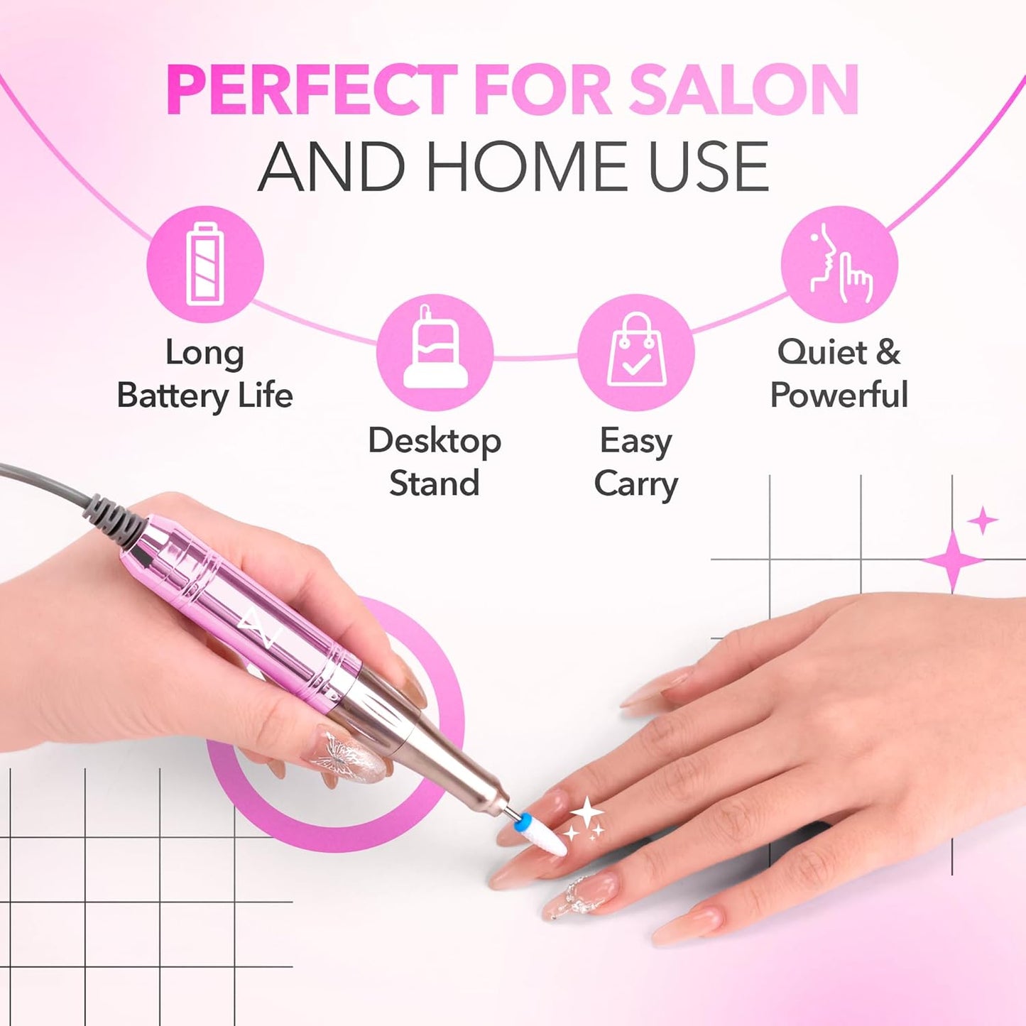 M Mase- Professional Nail Drill Machine - Coreless 2-in-1 Nail File - Electric, Cordless, 35000 RPM, HD Display - Electric Nail Drill for Professional & Home Use (Unicorn Pink)