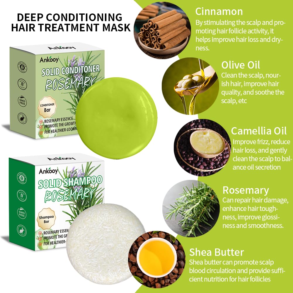 2 Pack Rosemary Oil Shampoo Bar and Conditioner Set–Natural Hair Bar Soap & for for Men and Women,Strengthens,Thickens,and Controls Oil with Organic Rosemary,Supports Scalp Health & Reduces Hair Loss.