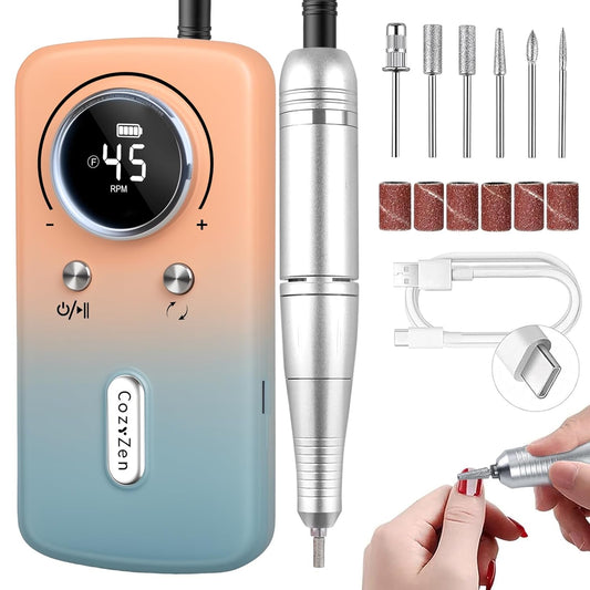 CozyZen Cordless Nail Drill Professional: 45000 RPM Rechargeable Electric Nail File Kit, Portable & Low Noise for Acrylic, Gel Nails, Manicure & Pedicure - Salon & Home Use