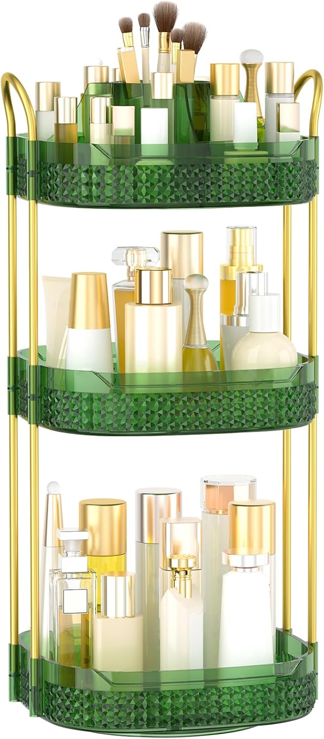 Rotating Makeup Organizer for Vanity 3 Tier, Perfume Organizer with Makeup Brush Holder, Large Capacity Cosmetics Clear Skincare Organizer for Countertop (Green)