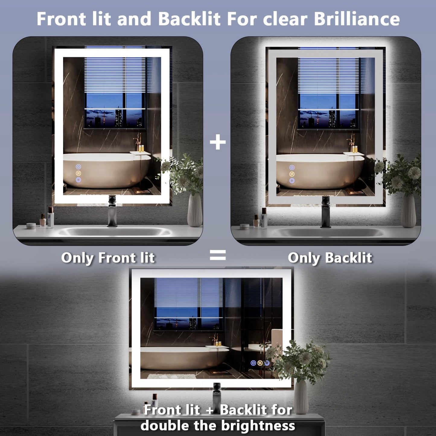 24"x 32" LED Mirror for Bathroom, Front and Backlit Controlled Separately LED Wall Vanity Mirror, LED Vanity Mirror with Lights, Stepless Dimmable, Anti Fog, Tempered Glass, Memory (UL ETL)