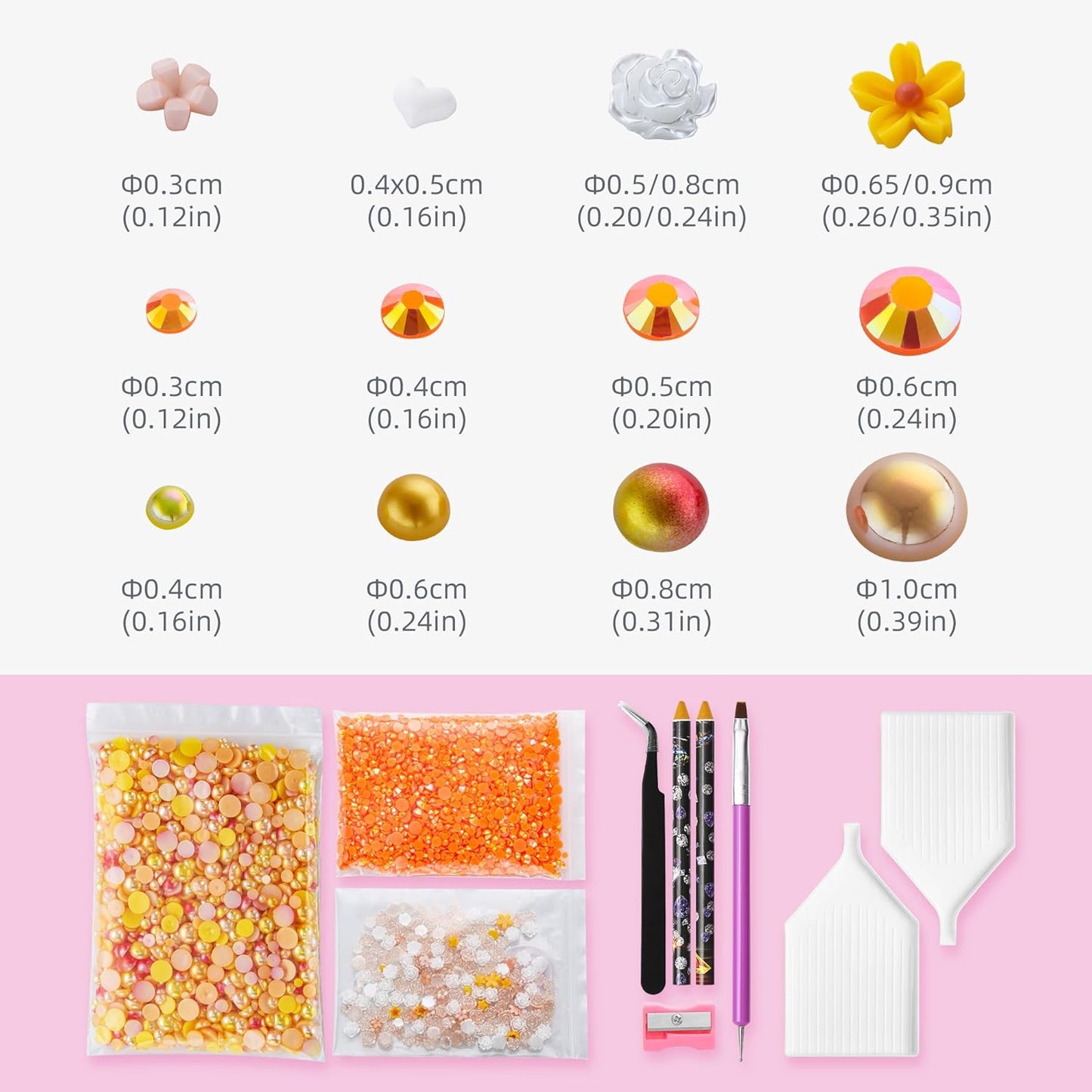 Sun Magic 160g Orange Flat Back Pearls Rhinestones for Crafts Mixed Size 3mm-10mm AB Color Round Half Pearls Flatback Pearl Beads and Resin Rhinestones Set for Face Art