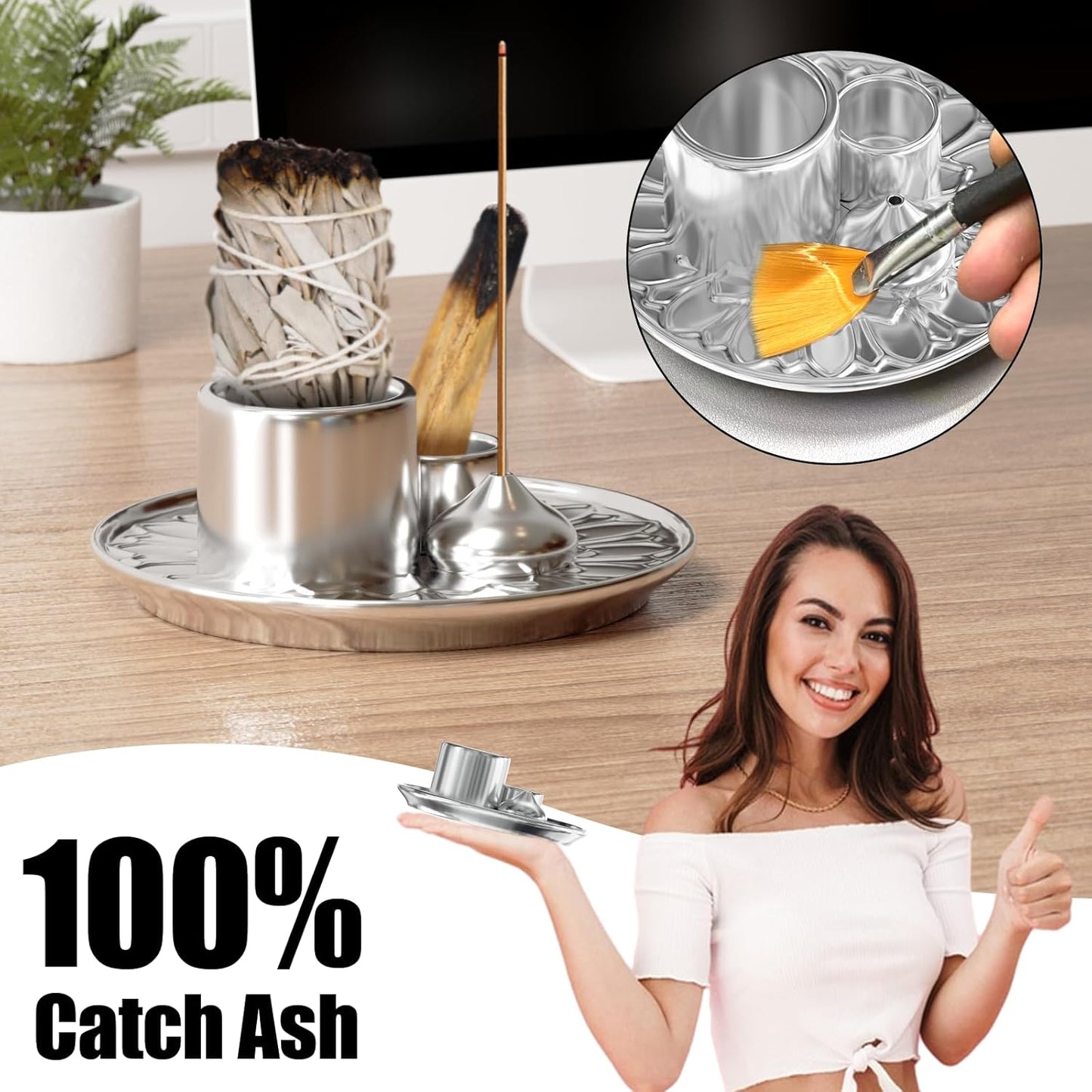 Palo Santo Holder - 4 in 1 Incense & Candle Holder - Ceramic Incense Holder Ash Catcher Tray for Meditation Room - Easy to Clean (Silver)