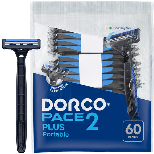 Dorco Pace 2 Plus Disposable Razors for Men (60ct), 2 Blades Shaving Razor, Pivoting Head, Open-Flow for Easy Rinsing, Lubricating Strip, Long Non-Slip Rubber Handle