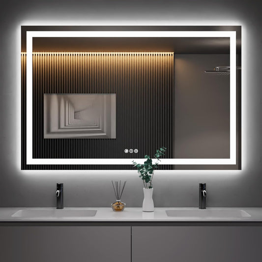 Amorho 50" X36" LED Bathroom Mirror, Front and Backlight, Stepless Dimmable Wall Mirrors with Anti-Fog, Shatter-Proof, Memory, 3 Colors, Double LED Vanity Mirror(Horizontal/Vertical)