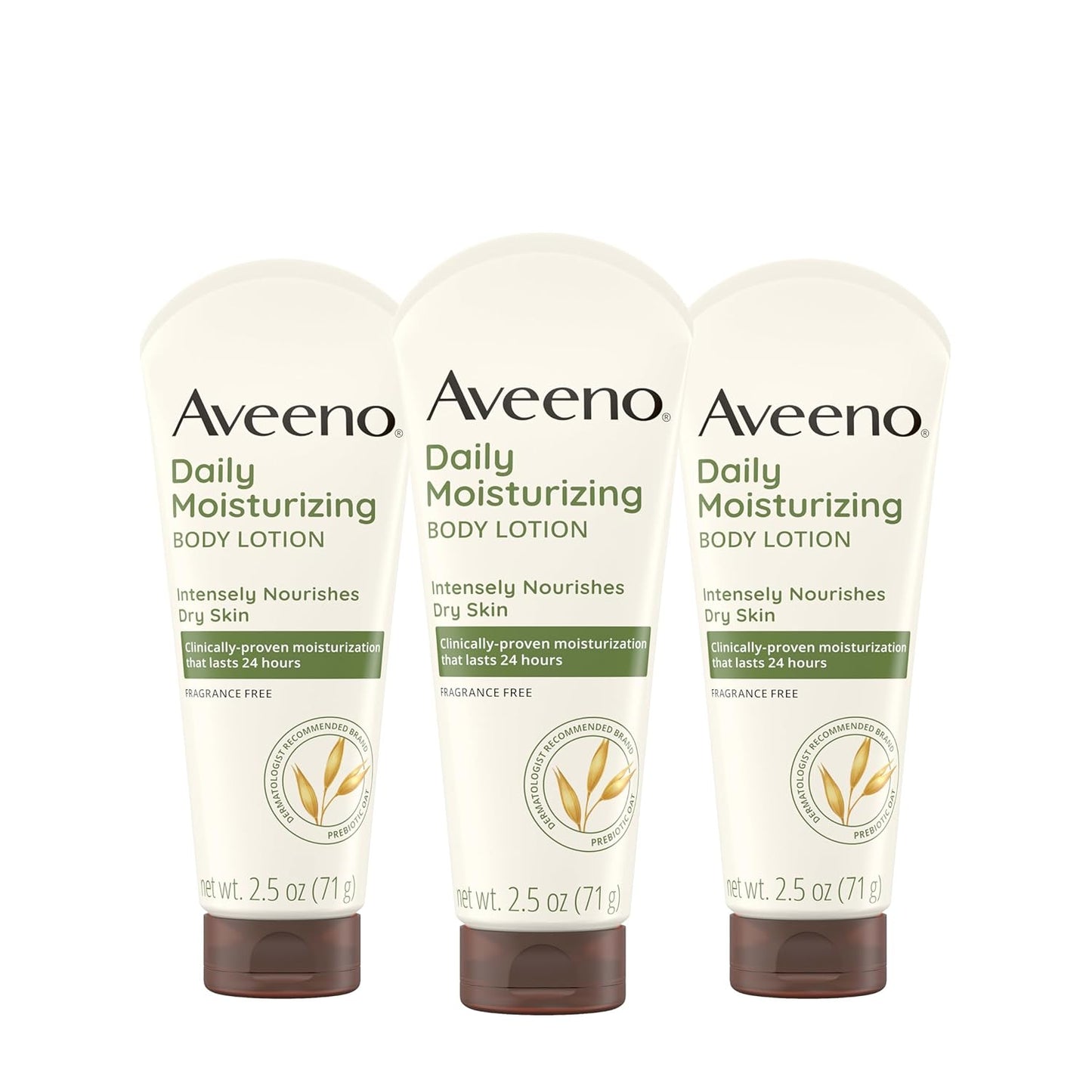 Aveeno Daily Moisturizing Body Lotion, Gentle Lotion Nourishes Dry Skin With Moisture, Soothing Prebiotic Oat, Fragrance-Free, Non-Comedogenic, Travel-Size, Pack of Three, 3 x 2.5 fl. Oz