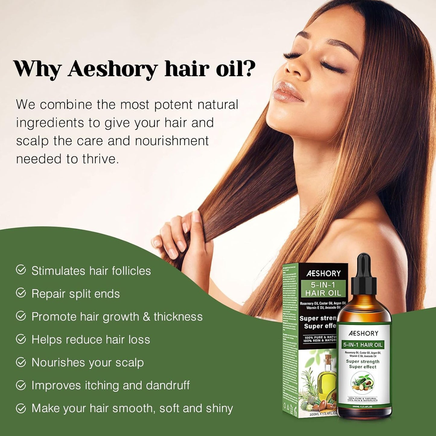 Aeshory Hair Oil - 5 IN 1 Hair Care Oil with Rosemary, Castor, Argan, Vitamin E, and Avocado for Hair Growth and Strengthening - Nourishing and Volumizing 3.38 fl oz