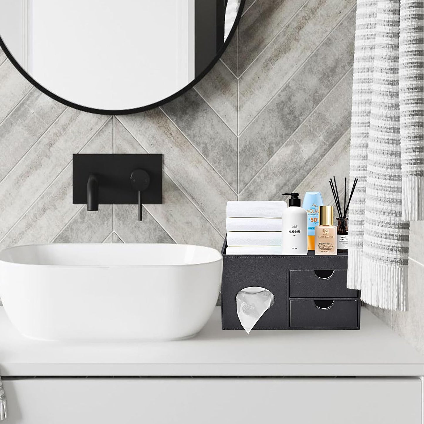 Square Tissue Box Cover with Drawers,Tissue Box Holder with Storage Tray, Makeup Organizer and Desk Organizer,Tissue Holders Decorative for Bathroom Vanity NightStand Dressing Table (Black)