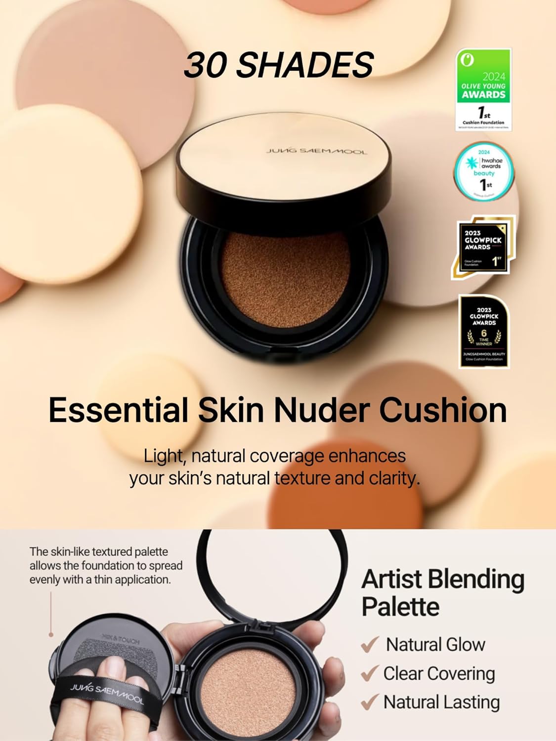 JUNG SAEM MOOL Essential Skin Nuder Cushion 22N Peach Light 0.49 Fl Oz, No Refill, Natural Radiant Finish Cushion Foundation with Buildable Coverage, Lightweight Texture, Korean Foundation Makeup