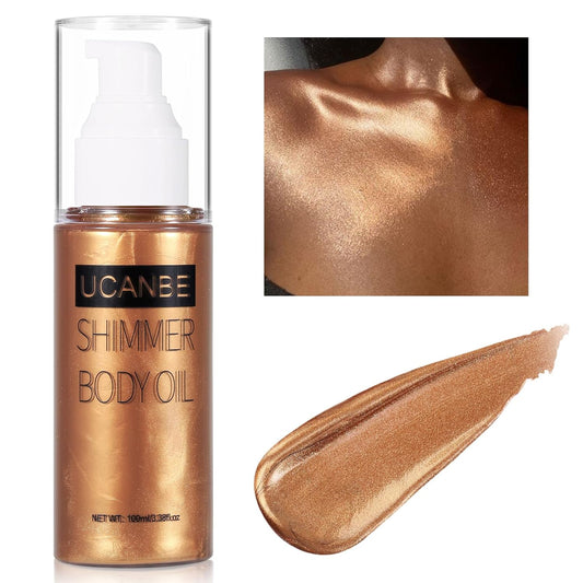 UCANBE Body Shimmer Oil - 100ml Moisturizing Glitter Oil, Waterproof Shimmering Luminizer Liquid Illuminator, Tinted Glow Bronzer (Bronze Gold)