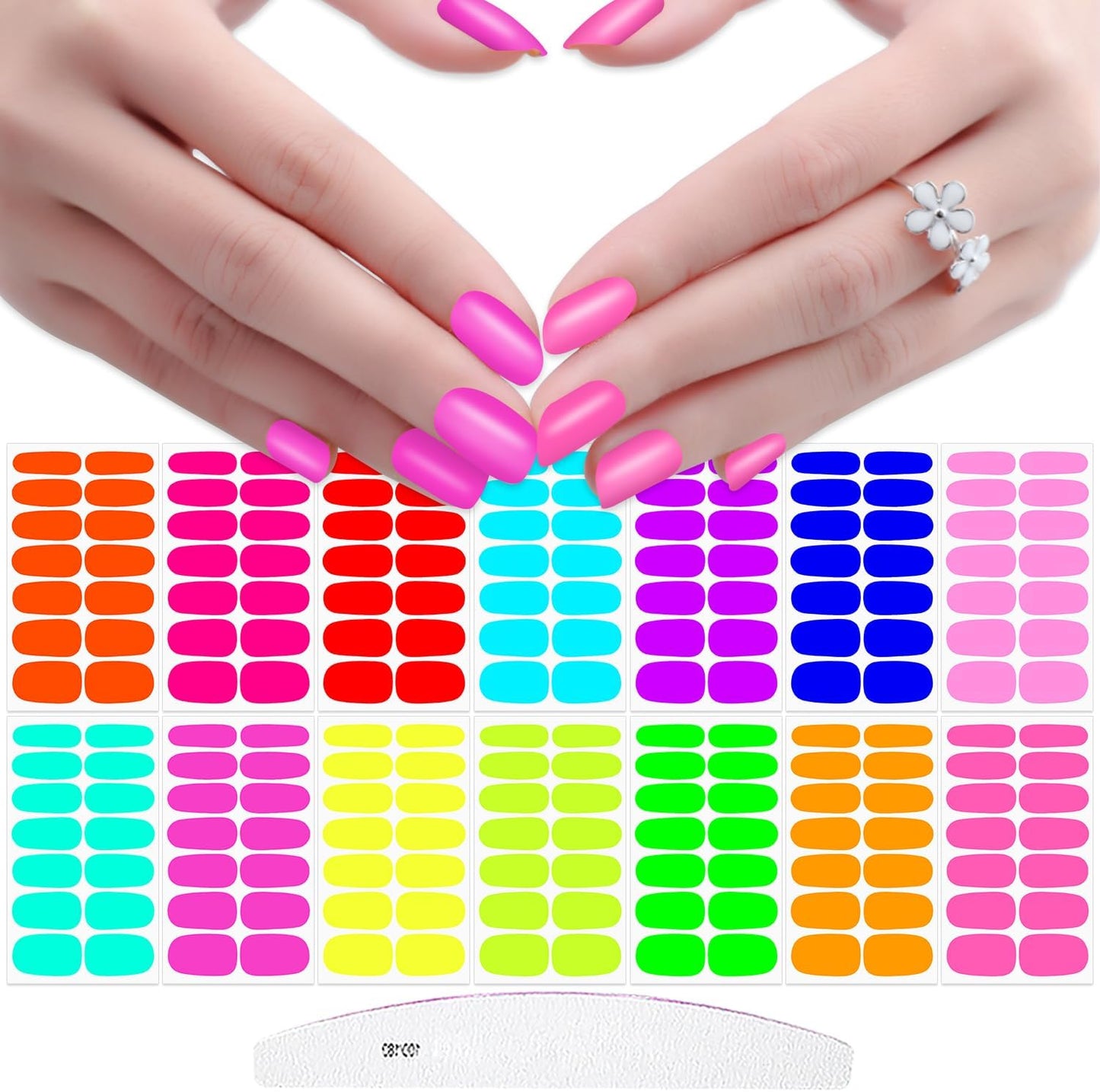 JERCLITY 196 Pieces 14 Sheets Fluorescence Solid Color Nail Polish Strips Vibrant Color Nail Wraps for Short Nails Nail Decals Self-Adhesive Nail Stickers Full Nail Wraps for Women Girls Nail Art