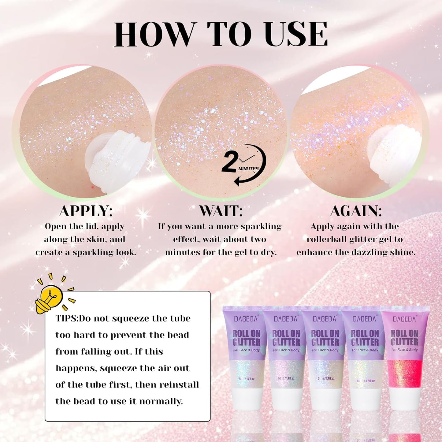 DAGEDA Roll-on Body Glitter,Holographic Eye Face Hair Glitter Gel for Festival Outfit Mermaid Accessories,Chameleon Color Body Shimmer Makeup Rave Outfits Accessories for Women 50ml(Fantasy)