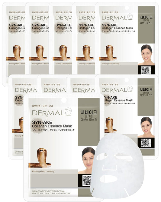 DERMAL Syn-Ake Collagen Essence Facial Mask Sheet 23g Pack of 10 - Peptide Contained, Anti Aging & Anti Wrinkle, Daily Skin Treatment Solution Sheet Mask