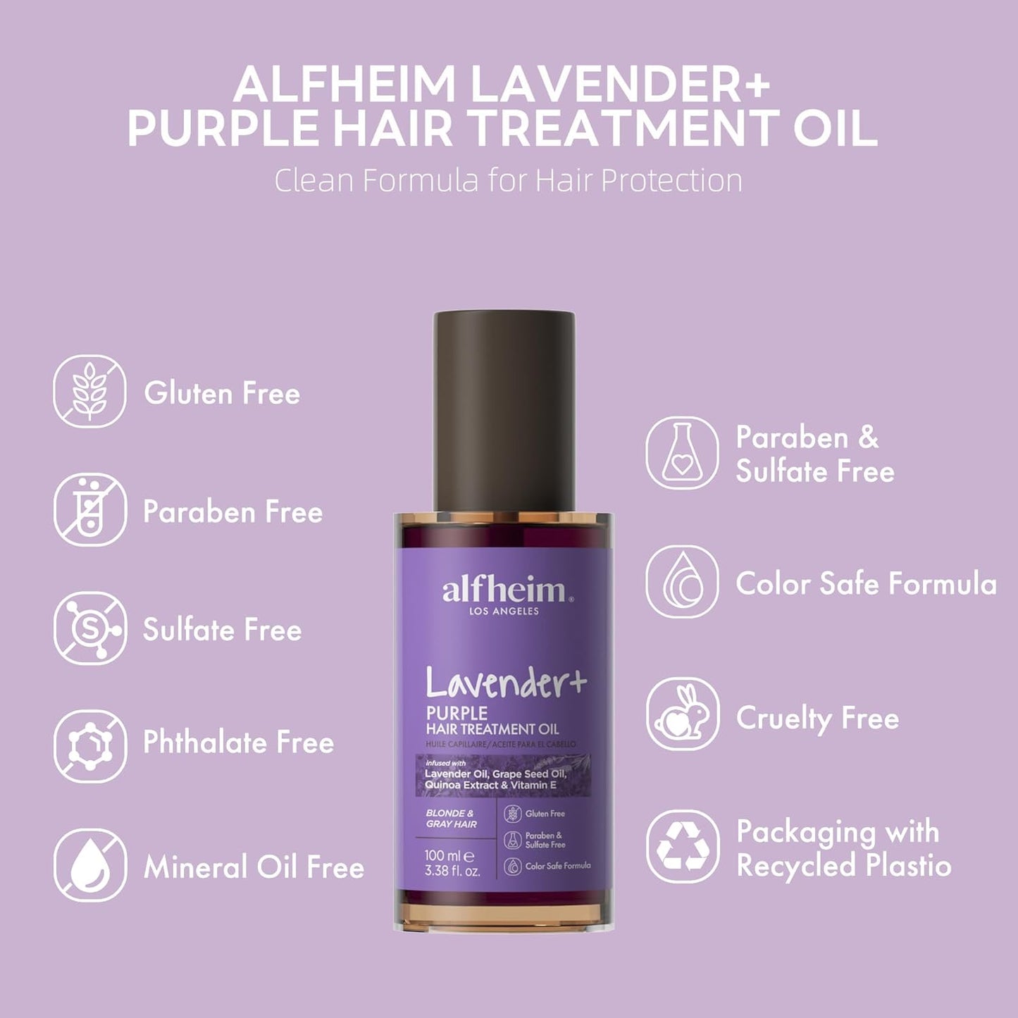 ALFHEIM Lavender+ Purple Hair Treatment Oil | Anti-Brass Toning & Shine Boosting Hair Oil for Blonde, Silver & Gray Hair | Heat Protection & UV Defense | Sulfate-Free, Paraben-Free | 3.38 fl.oz