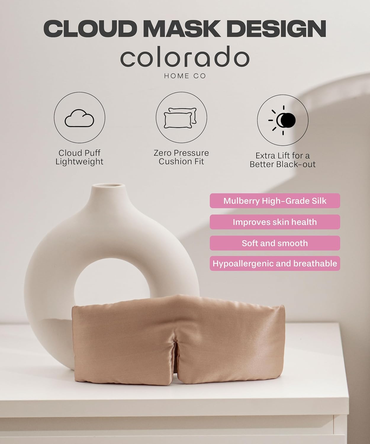 Colorado Home Co Cozy Silk Eye Mask - Blackout, Adjustable for Side Sleepers & Travel, Cloud Eye Covers, Mauve