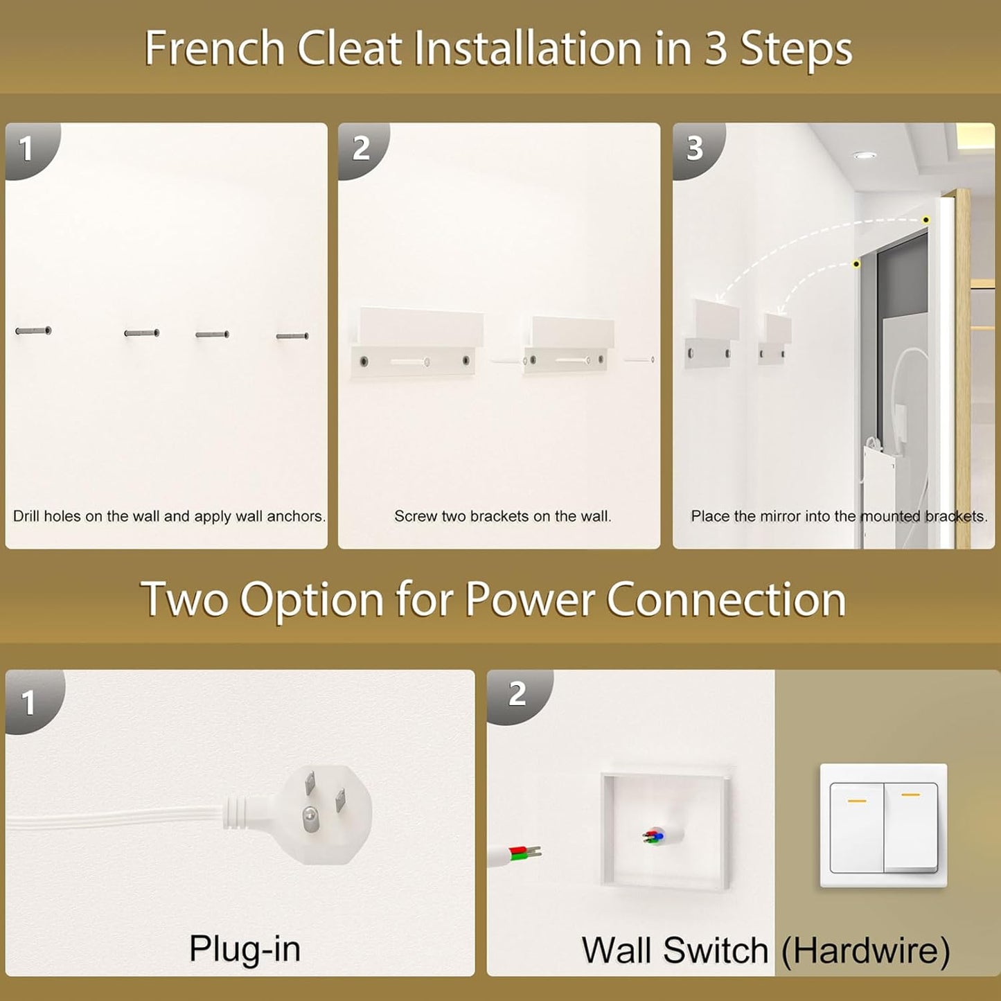 OKPAL 60x36 LED Bathroom Mirror Gold Metal Framed Front Light & Backlit, Lighted Vanity Mirror, Anti-Fog, Dimmable, 3 Colors, Shatterproof, ETL Listed, Horizontal/Vertical