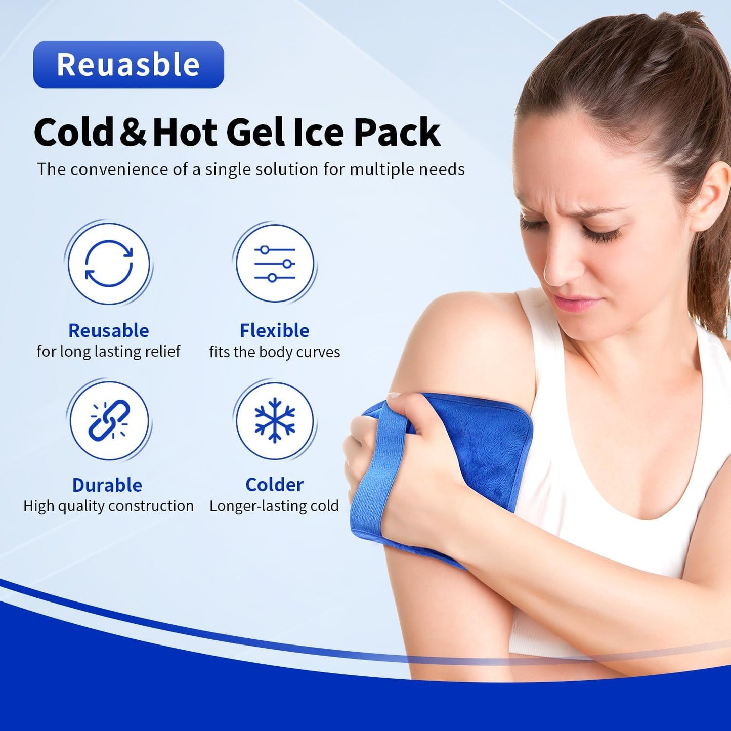 Gel Ice Pack for Injuries Reusable Soft Freezer Ice Bag with Strap- Hot Cold Compress Packs for Swelling Bruises Surgery Knee Shoulder Foot Back Ankle Neck Elbow Wisdom Tooth-1 Pack
