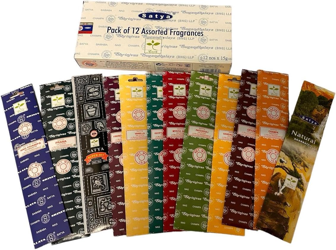 Satya Incense 15g Set of 12 Nag Champa, Super Hit, Sacred Sandalwood, Pure Patchouli, Mystic Rose, Vanilla, Prana, Natural, French Lavender, Opium, Egyptian Jasmine, Champa, VarietyPack01