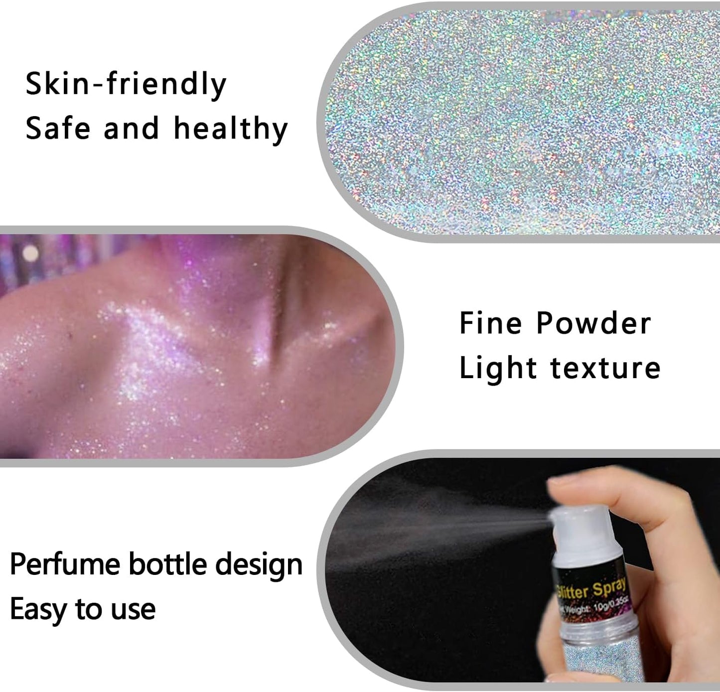 Hair and Body Glitter Spray, Holographic Glitter Highlighter Powder, Face Body Clothes Shiny Glitter, Loose Shimmer Hairspray Festival Rave Prom Accessories, 10g (07# Rainy-Rainbow)