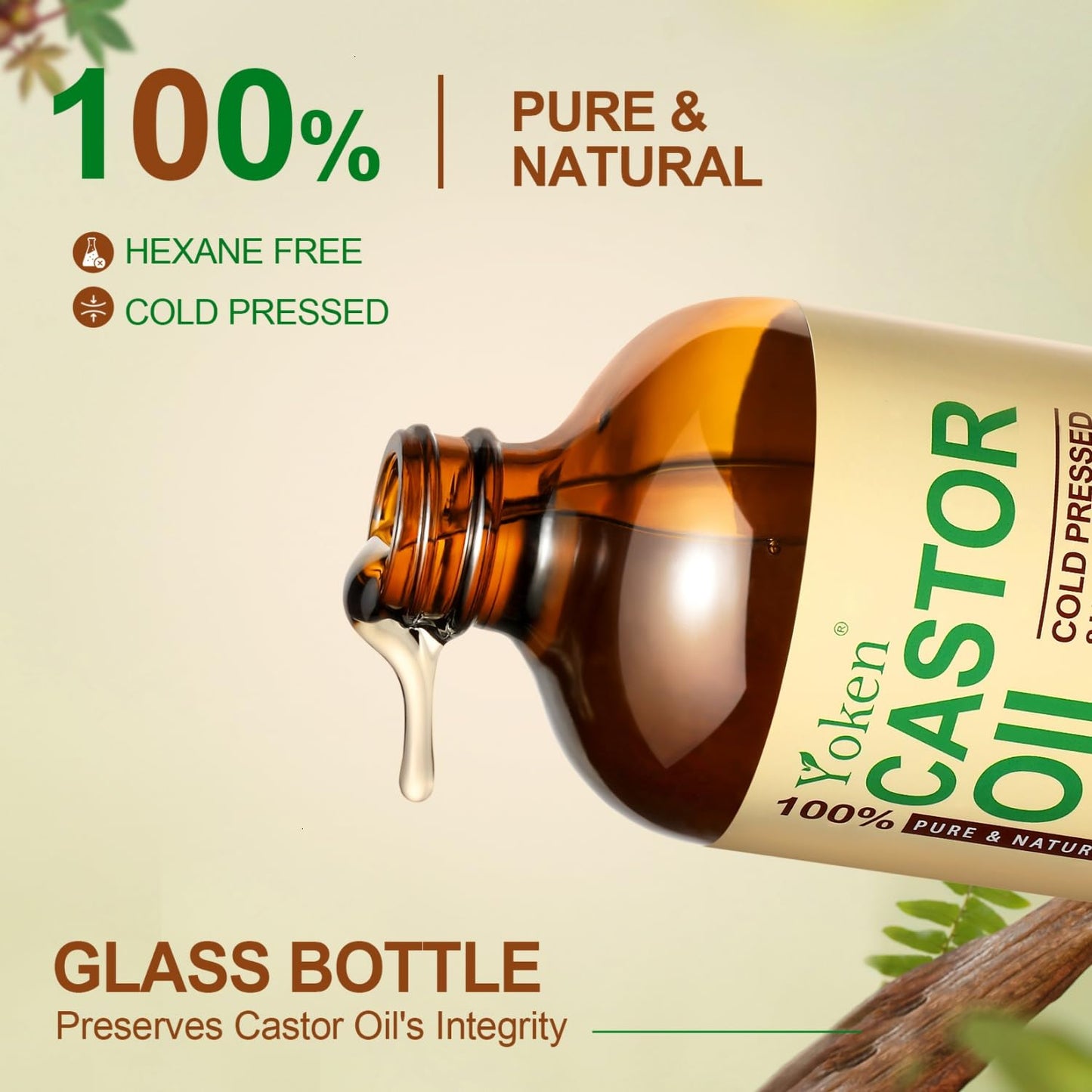 Yoken EWG Verified Castor Oil Glass Bottle 16 fl oz 100% Pure Natural Cold Pressed Castor Oil for Face, Body, Hair, Eyelash, Skin - Hexane Free, Unrefined, Virgin, Rich Fatty Acid for Caster Pack Wrap