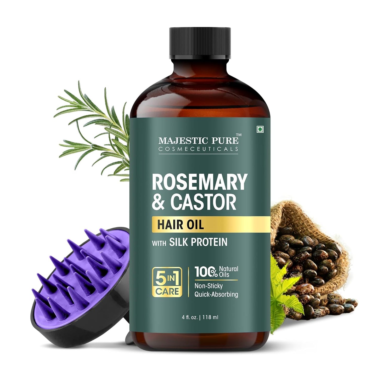 Majestic Pure 100% Pure Rosemary Oil For Hair Growth with Scalp Massager - Strengthening, Nourishing, Volumizing - Infused with Silk Protein & Castor Oil - Non GMO Verified - 4 Fl Oz
