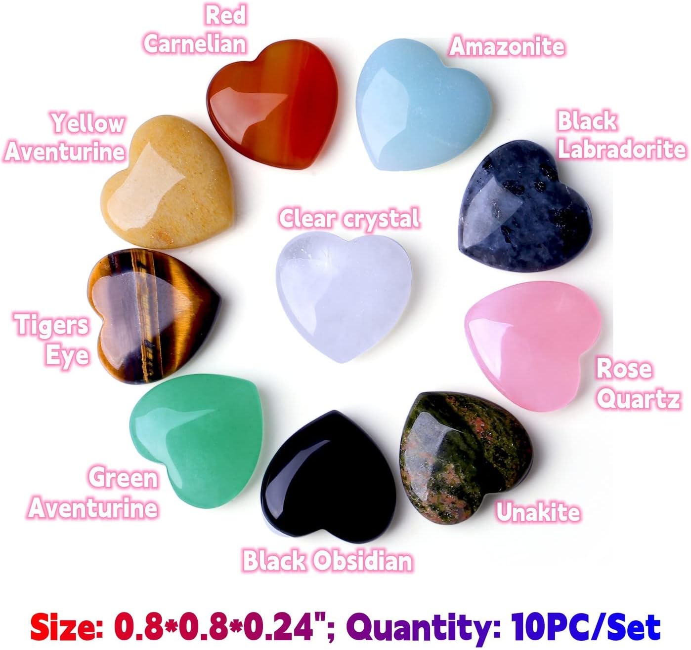 QINJIEJIE 10PCS Crystals Heart Healing Stones Rose Quartz Amethyst Polished Love Stone Palm Natural Gemstones Set Wholesale Reiki Balancing Meditation 0.8" Crystal Gifts for Women
