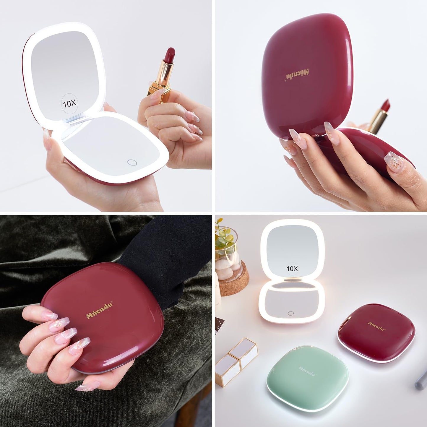 Mocado Compact LED Travel Makeup Mirror - 4 Inches 1X/10X Magnification Travel Mirror with Light Dimmable Double Sides Lighted USB Rechargeable Compact Mirror for Purse,Pocket,Travel(Wine Red)