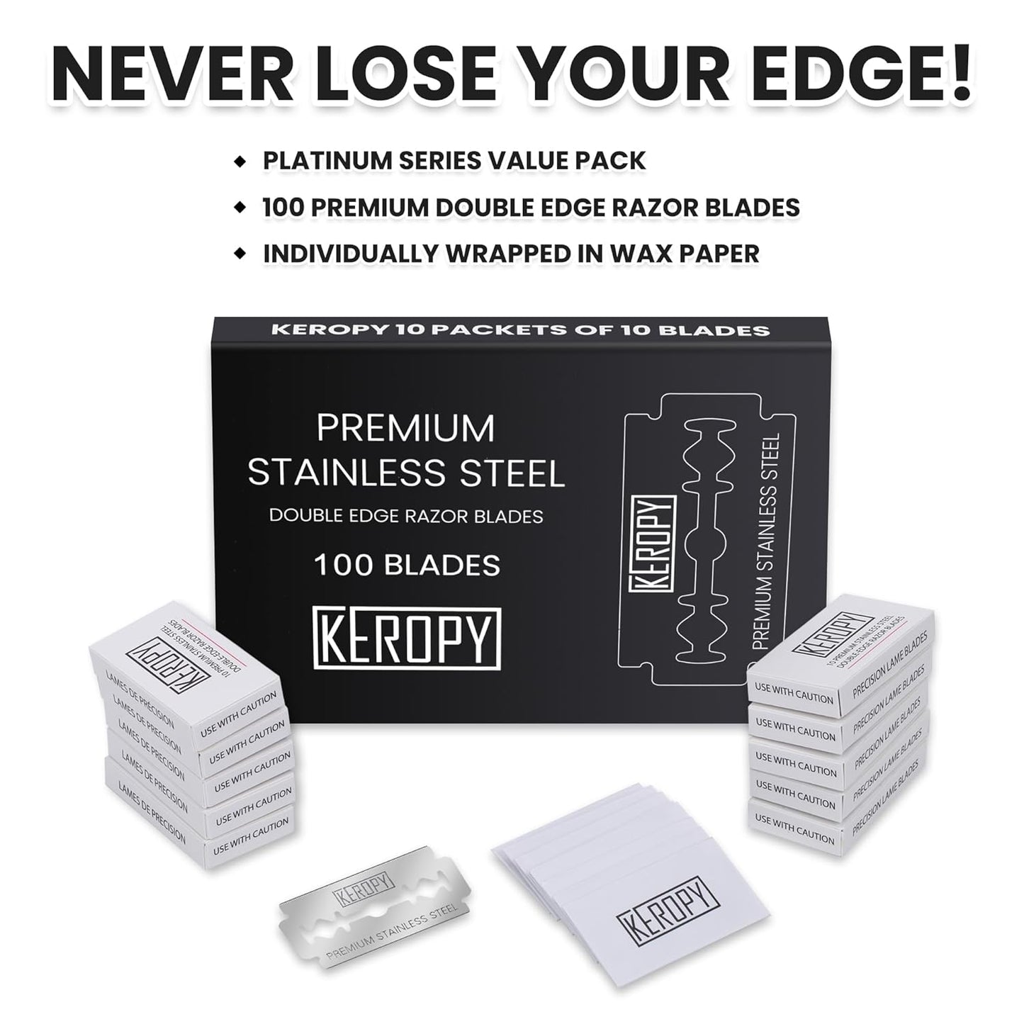 100 Safety Razor Blades - Super Sharp Stainless Steel & Lifetime Supply for Smooth Shaving, Individually Wax-Sealed, Universal Razor Compatibility