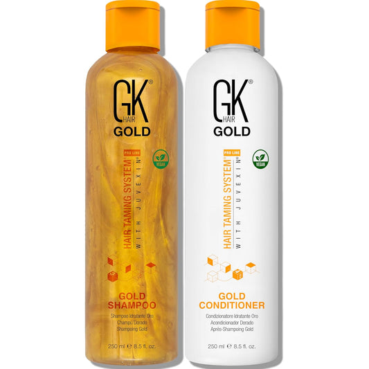 GK Hair Gold Shampoo and Conditioner Set for Daily Use Gentle Fragrance with Keratin Argan Oil Aloe Vera and Shea Butter Hydrates Adds Shine Reduces Frizz for Dry and Damaged Hair